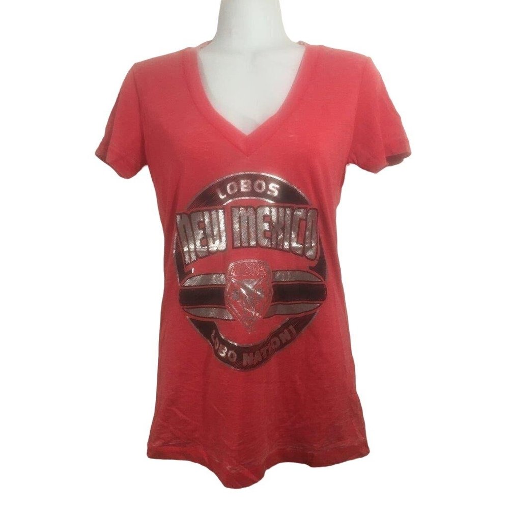 New Mexico Lobos V-Neck Women's T-Shirt Silver Red University of New Mexico Med